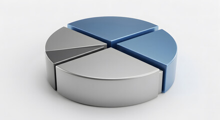 The blue, gray, and silver 3D pie chart represents data analysis, budget breakdown, and year-end financial insights