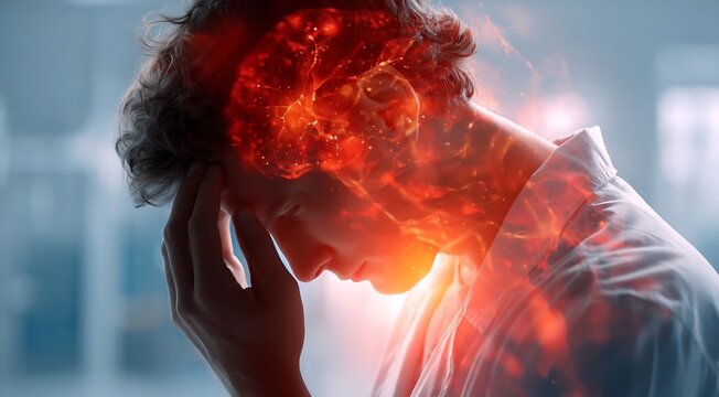 Man experiencing intense headache and brain inflammation, ideal for medical articles, healthcare marketing, and pharmaceutical campaigns about pain relief