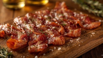 Obraz premium Crispy Strips Presentation, Wooden Board Display, Glistening Texture, Elevated Food Shot.