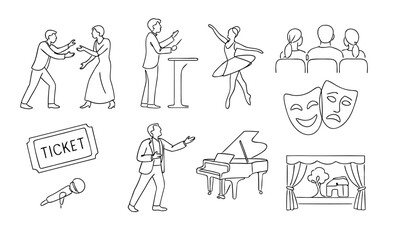 Line art theatre set with actors, curtain, ballet dancer, pianist, masks, ticket and microphone. Minimal theatre illustration in black and white for culture, performance, concert and stage art