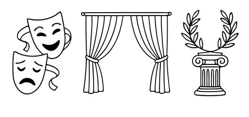 Line art theatre collection with drama masks, stage curtain and laurel column. Minimal theatre illustration in black and white, abstract theatre symbols for culture, performance, award and art