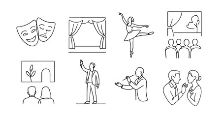 Line art theatre collection with drama masks, curtain, ballet dancer, singer, actors and audience. Minimal theatre illustration in black and white for culture, cinema, performance and stage art
