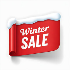 Winter Sale Red Curled Banner. Snow Covered Discount Tag.