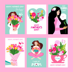 Happy Mothers Day greeting card collection in different styles. Posters design with lettering, womens, flowers and decorative elements. Ideal for print, postcard, social media, promo.
