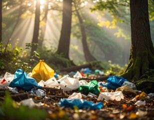 Forest Floor Covered with Plastic Bags, Contrast of Nature vs Waste