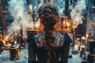 Blonde fantasy woman in old fashioned dress working in mysterious alchemist lab surrounded by potions, generative ai