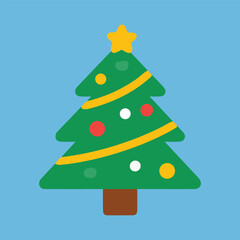 cute christmas tree flat vector illustration, minimalist xmas pine tree with ornaments, simple decorated holiday tree icon, modern christmas symbol for greeting card, kawaii style holiday tree clipart