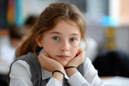 Thoughtful caucasian young girl in classroom setting