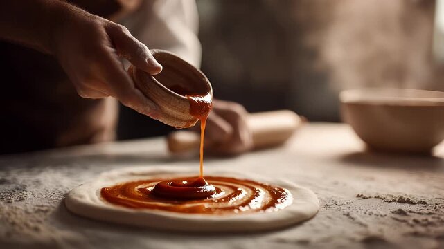 Chef spreading tomato sauce on fresh pizza dough