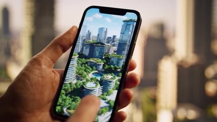 Hand holds smartphone displaying green, futuristic cityscape with modern buildings and lush vegetation - Powered by Adobe
