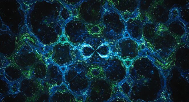 Intricate digital fractal pattern with glowing blue and green hues, forming an infinite network of interconnected nodes, representing boundless concepts and complex structures
