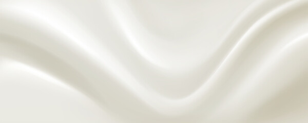 Creamy silk fabric with milk white surface and soft folds for luxury textile background. Smooth satin material with gentle waves or elegant drapery. Pure bridal cloth design. Milky food or yogurt bg.