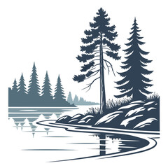 Lake landscape with pine trees