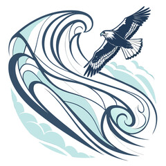 Eagle flying over ocean wave design for logo
