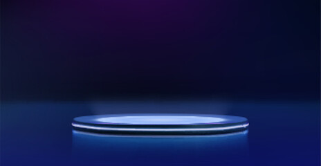 Blue neon podium with glowing circular platform for product showcase or futuristic presentation. Illuminated stage with light strips and gradient background for technology display or award ceremony.
