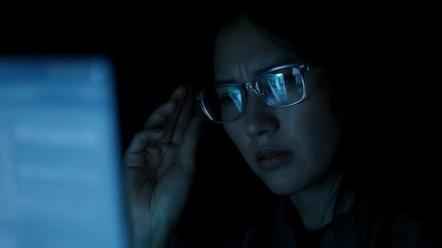 A woman in glasses stares at a screen in dim blue light, looking concerned. Hand touches face