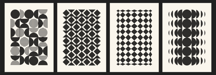 Abstract geometric bauhaus patterns set. Vector illustration of seamless monochrome wall art with black circles and squares on white background, creative vintage poster layout, contemporary artwork