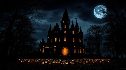 Scary halloween mansion silhouette with bats and pumpkins. Autumn holiday cultural and religious.