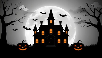 Scary halloween mansion silhouette with bats and pumpkins. Autumn holiday cultural and religious.