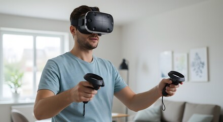 Man wearing VR headset, holding controllers, exploring virtual reality in a bright living room