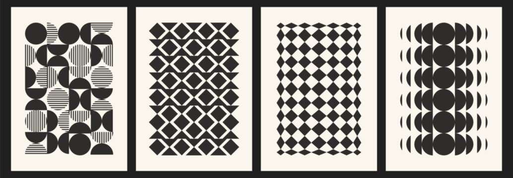Abstract geometric bauhaus patterns set. Vector illustration of seamless monochrome wall art with black circles and squares on white background, creative vintage poster layout, contemporary artwork