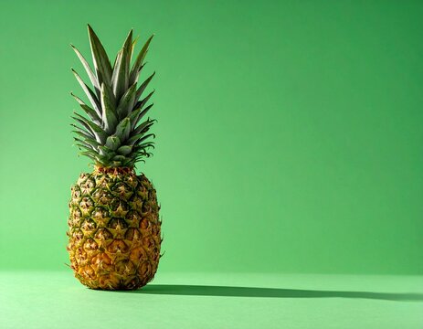 A single fresh pineapple standing upright against a vibrant green background. The minimalist composition with a strong shadow provides ample copy space for tropical themes
