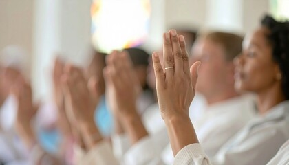 A group of worshippers raising their hands during a religious service to express their devotion and faith in a spiritual setting.