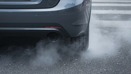 Gray Cars Rear View Emitting Vapor on Asphalt, Texture Contrast, Light Play.