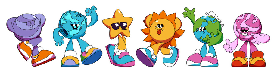 Planet groovy character set with retro cartoon style for fun illustration or sticker design. Cute celestial bodies - star, sun and Earth with happy faces and trendy sneakers. Psychedelic mascot set.