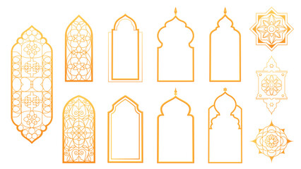 Golden islamic window or door frames set isolated on white background. Vector realistic illustration of luxury arabic ornaments, mosque arches, muslim architecture design elements, Ramadan shape gate