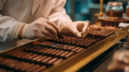 A confectioner adding toppings to chocolate bars with gloved hands in a workshop setting