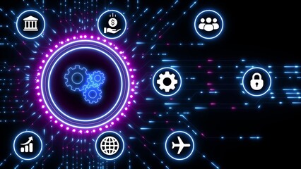 Digital network with gears icon at center and surrounding icons for business and tech technology