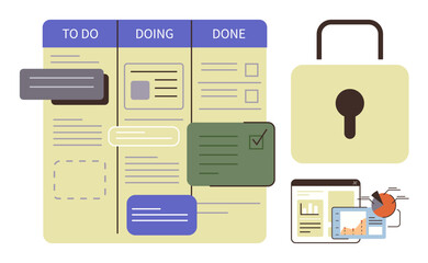 Kanban board with To Do, Doing, Done columns, task cards, security lock, and analytics charts. Ideal for workflow management, team collaboration, productivity data analysis security planning © robu_s