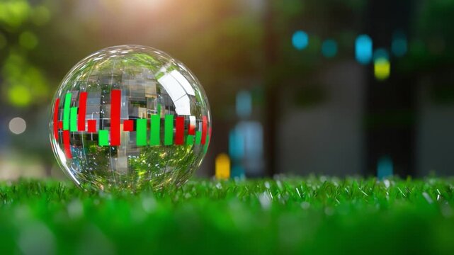 Market Volatility: A conceptual image of financial market volatility is captured through a bubble displaying fluctuating stock charts resting on vibrant green grass.
