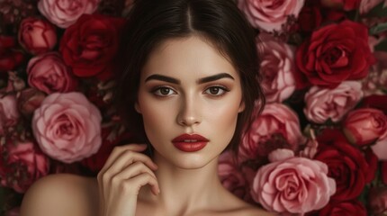 A Captivating Woman Surrounded by a Lush Arrangement of Romantic Red and Pink Roses Emphasizing Her Elegant Beauty and Alluring Features in a Close-Up Portrait