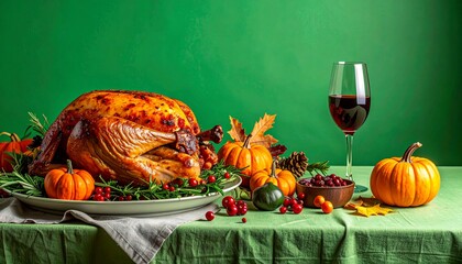 A festive Thanksgiving table setting with a beautifully roasted turkey, pumpkins, cranberries, and a glass of red wine
