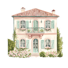 Watercolor European House with Mint Shutters Clipart