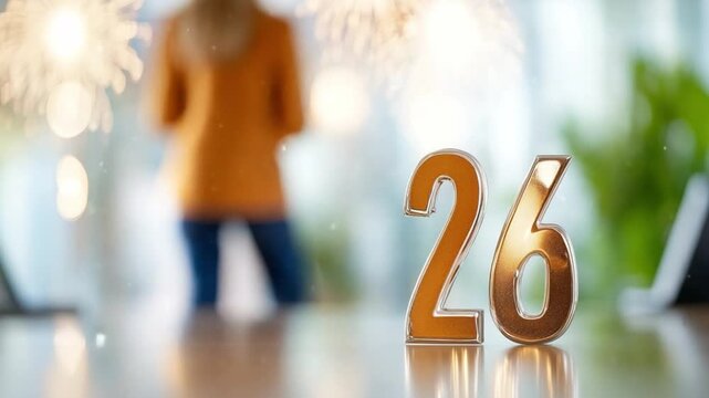 Commemorating Twenty-Six Years: A gilded '26' numeral stands proudly on a polished surface, with a blurred figure in the background. It captures a sense of milestone reflection and quiet elegance.