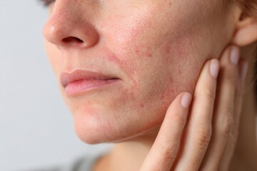 Sensitive skin. Woman scratches cheek with red rash, allergy symptom. Skin irritation, dermatitis, itchy skin problem. Face affected with Allergic reaction. Person suffering from itching, scratching.