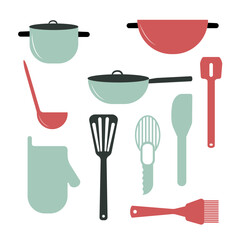 Set of kitchen appliaances, pot, chopper, pan. Flat vector isolated