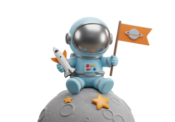 Isolated astronaut toy with rocket and flag sitting on moon surface on solid background