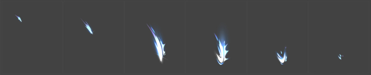 Sequential attack effect with animation frames - blue and white energy slash progression from small to large impact for game combat mechanics. Glowing sword strike sequence with motion blur stages © klyaksun