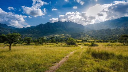 Obraz premium Serene Valley Vista with Green Meadow and Mountain Ridge under the Cloudy Sky, Warm Sunlight.