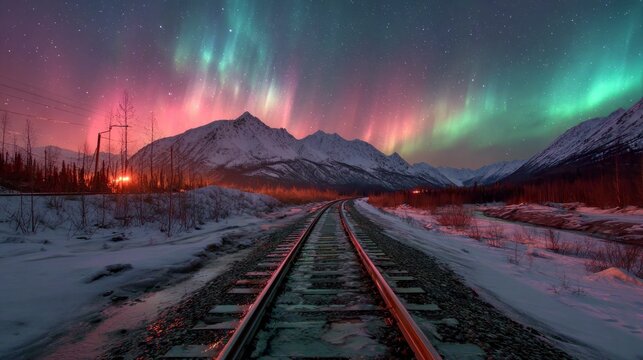 Aurora borealis over snowy landscape with train tracks