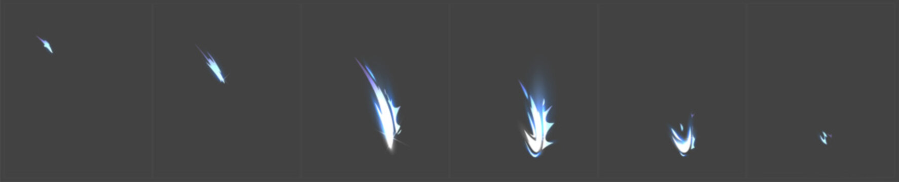 Sequential attack effect with animation frames - blue and white energy slash progression from small to large impact for game combat mechanics. Glowing sword strike sequence with motion blur stages