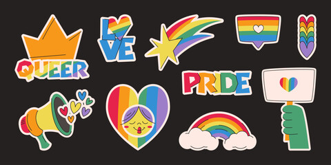Colorful pride month sticker set with rainbow heart and crown, shooting star and protest sign on dark background. Vibrant LGBTQ symbols - love and queer text, megaphone, smiling face and cloud design. © klyaksun