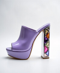 high heel woman purple shoe, multicolored decorations on the heel, 