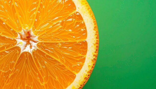 Vibrant close-up of a juicy sliced orange half with detailed citrus pulp texture, isolated on a solid bright green background for copy space - Powered by Adobe
