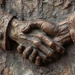Bronze handshake sculpture embodying cooperation and agreement on weathered stone