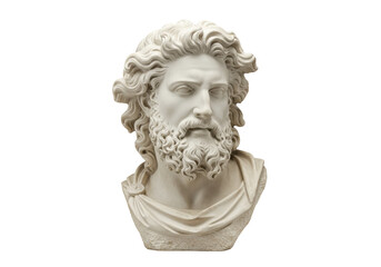Obraz premium Isolated bust of mythical Greek god, a serene sculpture with flowing hair and beard detail